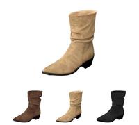 Women's Boots PU Leather Half Height Boots with Heel Pointed Winter Boots Flock Wide Shaft Boots Plain Women's Boots Block Heel Slip Boots Fashion Mid Tube Boots Comfortable Boots, khaki, 6 UK