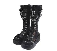 Womens Boots PU Leather Mid-Calf Platform Round Toe Biker Punk Goth Lace Up Military Combat Biker Boots,Black,6 UK