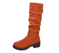Women's Boots Round Toe Large Size Suede Square Heel Non-Slip Classic Mid-Calf Boots British Style Boots Shoes Autumn And Winter, Orange, 9 UK