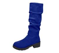 Women's Boots Round Toe Large Size Suede Square Heel Non-Slip Classic Mid-Calf Boots British Style Boots Shoes Autumn And Winter, Blue, 8 UK