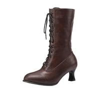Womens Boots Solid Color Leather Boots Comfy British Style Boots Front Lace Up Knight Boots Plus Size Women's Boots Cross Tie Thick High-Heeled Women's Mid Heeled Boots Comfy and Fashion Brown