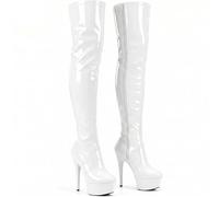Women's boots thigh high Stiletto Heel Wide Leg Stretch Fetish Platform Boots side zip closed round toe leather boots (White Patent, 10, UK Footwear Size System, Adult, Women, Numeric, Medium, 10)