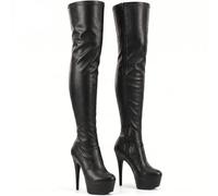 Women's boots thigh high Stiletto Heel Wide Leg Stretch Fetish Platform Boots side zip closed round toe leather boots (Black Mat, 9, UK Footwear Size System, Adult, Women, Numeric, Medium, 11)
