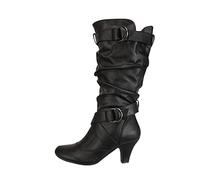 Women's Boots with Heel, Cowboy Boots, Leather, Half-Height Slouchy Boots | Vintage Western Boots with Buckle Wide Calf Riding Boots with Zip, Plain Wide Shaft Boots for Festival