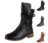 Women's Boots with Heel, Elegant Biker Boots, PU Leather Winter Boots, Low Heel, Centre Tube Boots with Zip, Lace-Up Boots, Fashion Half Boots, Comfortable Women's Boots, Round Slip-On Boots, black, 7