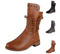 Women's Boots with Heel, Elegant Biker Boots, PU Leather Winter Boots, Low Heel, Centre Tube Boots with Zip, Lace-Up Boots, Fashion Half Boots, Comfortable Women's Boots, Round Slip-On Boots, brown