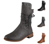 Women's Boots with Heel, Elegant Biker Boots, PU Leather Winter Boots, Low Heel, Centre Tube Boots with Zip, Lace-Up Boots, Fashion Half Boots, Comfortable Women's Boots, Round Slip-On Boots, gray