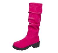 Women's Boots with Heel Suede Riding Boots Wide Calf Round Head, hot pink