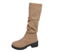 Women's Boots with Heel Suede Riding Boots Wide Calf Round Head, khaki, 6