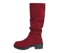 Women's Boots with Heel Suede Riding Boots Wide Calf Round Head, Wine Red