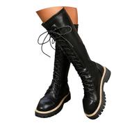 Womens Boots Women's Casual Thick Heeled Thick Soled Long British Versatile Lace Up Mid Calf Boots Ankle Western Wedge Booties with Side Zip Lace Up (5.5) Black