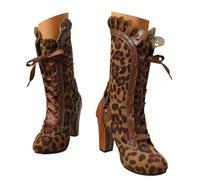 Women'S Boots Women's Fashion Round Toe Leopard Print Lace Zip Chunky Heel Mid Calf Boots For Casual Outing School