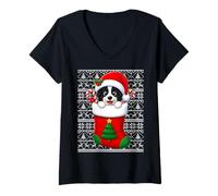 Women's Border Collie Dog in Christmas Socks Cute Holiday Ugly Xmas V-Neck T-Shirt