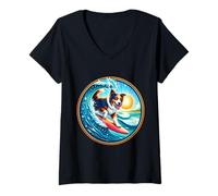 Women's Border Collie Dog Surfing Surfer Owner Surfboard Vintage Sea V-Neck T-Shirt