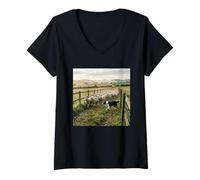 Women's Border Collie Herding Sheep Countryside Farm Scene V-Neck T-Shirt