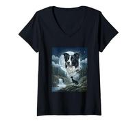Women's Border Collie Howling to The Moon Meme Funny Dog Lover V-Neck T-Shirt