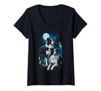Women's Border Collie Moonlight Waterfall Nature Dog Lover V-Neck T-Shirt