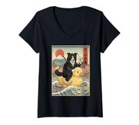 Women's Border Collie Ninja Japan Vintage Japanese Ukiyo-e Art V-Neck T-Shirt