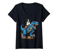Women's Border Collie Riding T Rex Dinosaur Smart Dog Adventure V-Neck T-Shirt