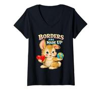 Women's Borders are Made Up Cute Bunny World and Heart Graphic V-Neck T-Shirt