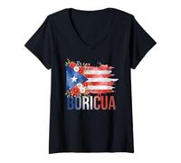 Womens Boricua Puerto Rico Flag Flowers Proud Hispanic Heritage V-Neck T-Shirt