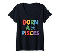 Womens Born a Pisces Zodiac Sign Art with Swirl Motif Style V-Neck T-Shirt