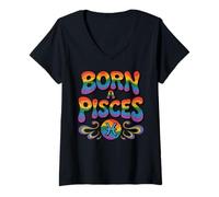 Womens Born a Pisces Zodiac Sign Art with Swirl Motif Style V-Neck T-Shirt