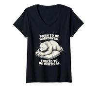 Women's Born Horizontal Forced Vertical Bear Phone Humor V-Neck T-Shirt
