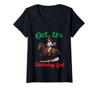 Women's Born On October 11th Happy Birthday to Me Girl Riding Horse V-Neck T-Shirt