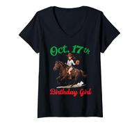 Women's Born On October 17th Happy Birthday to Me Girl Riding Horse V-Neck T-Shirt