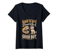 Women's Born to Bite Forced to Be A Good Boy Dog Humor V-Neck T-Shirt