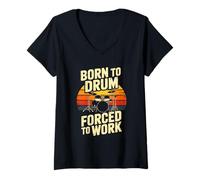 Women's Born to Drum Forced to Work Retro Drummer V-Neck T-Shirt