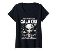 Women's Born to Explore Galaxies Free ABDUCTIONS Sci Fi Alien UFO V-Neck T-Shirt
