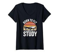 Womens Born to Fly Forced to Study Aviation Pilot Student V-Neck T-Shirt