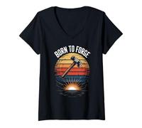 Womens Born to Forge Hammer Sunburst Retro V-Neck T-Shirt
