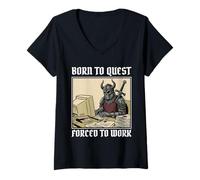 Women's Born to Quest Forced to Work Funny Gamer Death Knight PC V-Neck T-Shirt