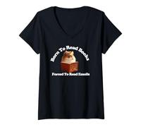 Womens Born To Read Books Forced To Read Emails Fanny Cat T-Shirt V-Neck T-Shirt