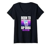 Women's Born to Sip Boba Since 2007 Bubble Tea Theme Birthday Year V-Neck T-Shirt