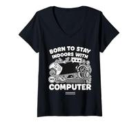Womens Born to Stay Indoors with My Computer - Retro Gamer Humor V-Neck T-Shirt