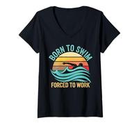 Womens Born to Swim Forced to Work Funny Swimmer Water Lovers V-Neck T-Shirt