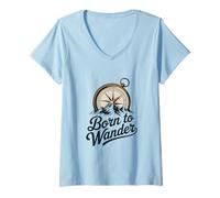 Womens Born to Wander Compass Mountain Graphic V-Neck T-Shirt