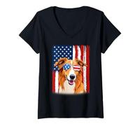 Womens Borzoi Dog US America Flag Men Women 4th of July Patriotic V-Neck T-Shirt