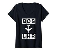 Women's BOS to LHR Airplane Route Boston London V-Neck T-Shirt