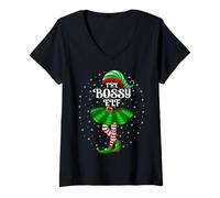 Womens Bossy Elf Christmas Family Matching Women Girls Bossy Xmas V-Neck T-Shirt