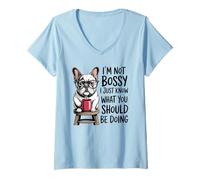 Womens Bossy French Bulldog Coffee Lover | Funny Frenchie Mom V-Neck T-Shirt