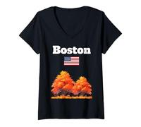 Womens Boston Autumn Tree Fall Foliage Massachusetts US Flag V-Neck T-Shirt