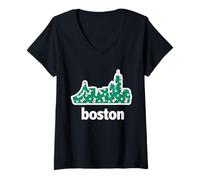 Womens Boston Skyline Filled With Cute Boston Terrier Pattern V-Neck T-Shirt
