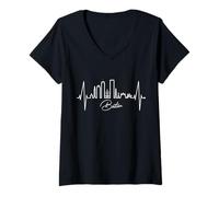 Womens Boston Skyline Heartbeat Silhouette Heart I Love Boston MA V-Neck T-Shirt