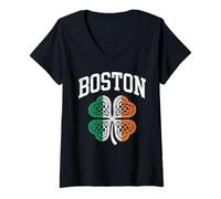 Women's Boston St Patricks Day Four Leaf Clover Irish Flag V-Neck T-Shirt