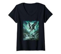 Women's Boston Terrier Aurora Borealis Northern Lights Dog V-Neck T-Shirt